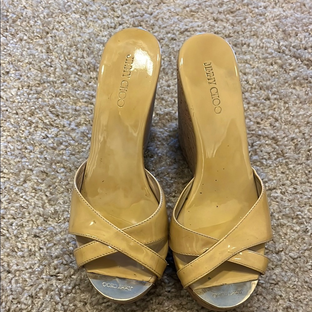 Jimmy Choo Tan Patent Wedge Sandals - Picture 2 of 7